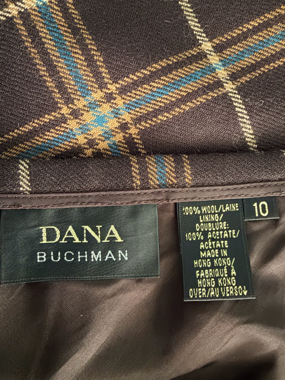 Vintage Dana Buchman Chocolate Brown 100% Wool Plaid A-Line Maxi Skirt Hong Kong - Picture 5 of 9